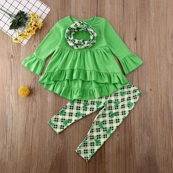 

st patricks day toddler kids baby girl outfits set ruffle dress clover print pants legging kids clothes spring children set t200526, White