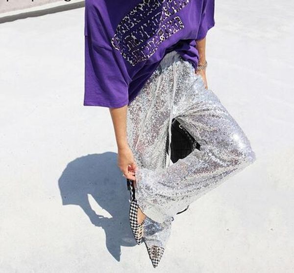 

тяжелые блестки пэчворк брюки для женщин с высокой талией до щиколотки эластичные брюки женские весенние моды 2019 прилив, Black;white