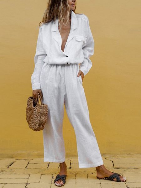 

cotton and linen v-neck pocket casual suit trousers suit 2019 summer two piece set single breasted and trousers overalls, White