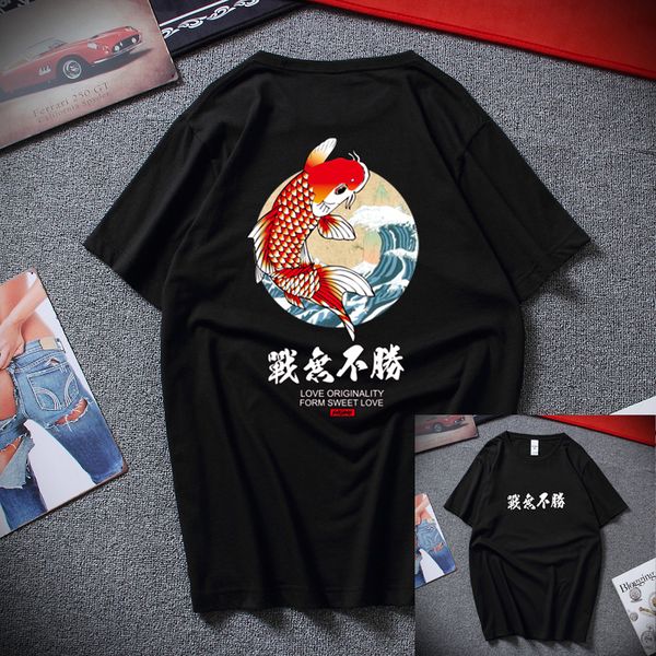 

japanese harajuku style men t shirt print wave carp fish summer t-shirt tees europe size xs-xxl, White;black