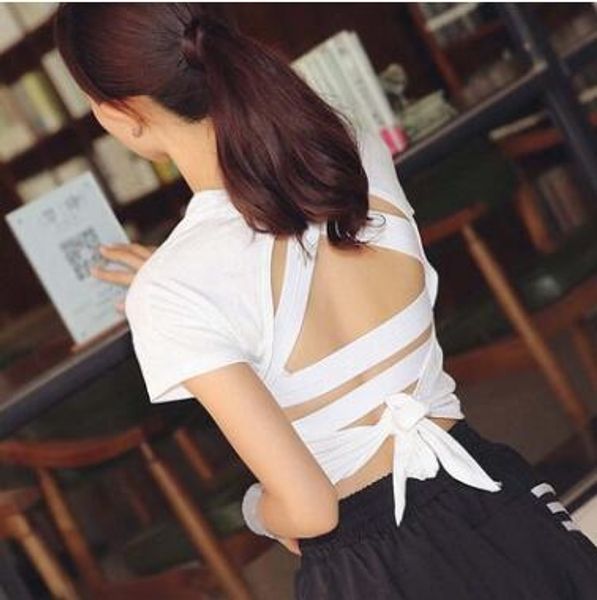

women yoga hollow back women gym sportswear quick dry sport yoga t-shirt female fitness shirt jersey woman workout, White;red