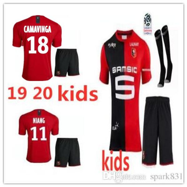 

19 20 kids kit stade rennais soccer jerseys 2019 2020 rennes maillot de foot#7 sarr#11 niang#14 bourigeaud#21 andre#23 hunou football shirt, Black