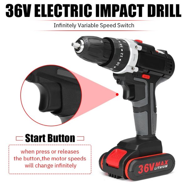 

36v 3000mah electric impact cordless drill clutches wireless electric screwdriver 1/2 li-ion battery home diy power tools