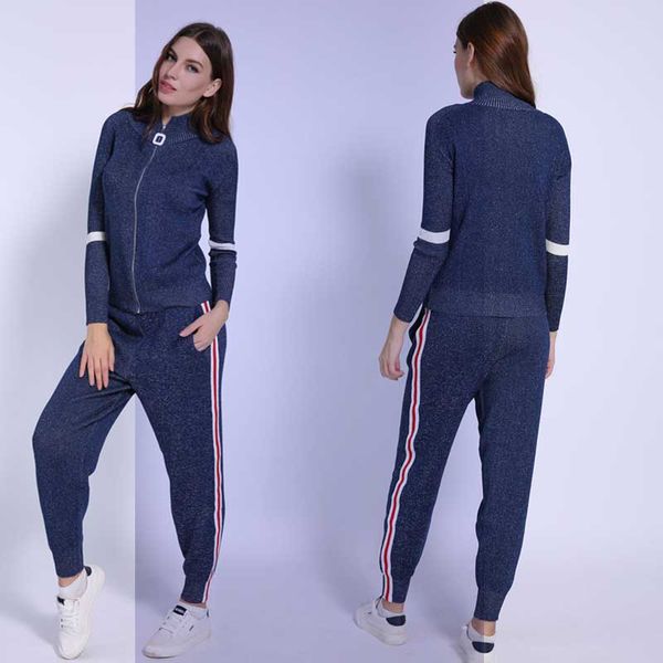 

women tracksuit 2018 autumn casual turtleneck knit sportwear long sleeve 2 piece pants sets stripe knitting suits women, White
