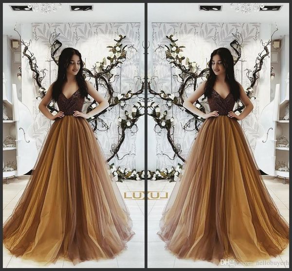 

gold tulle a line v neck new prom dresses 2019 party evening gowns sequined robes de cocktail, Black