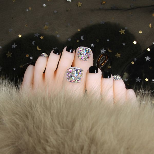 

24pcs shining diamond design false toe nails gradient black metal texture marble artificial press on toenails fake nails, Red;gold