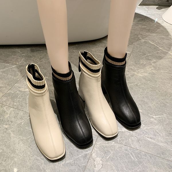 

2020 square heel plus velvet warm socks ankle boots women winter fashion women's solid color zipper boots zapatillas muje u11-77, Black