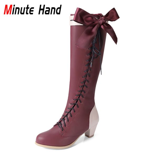 

minute hand spring autumn chunky heel women boots new fashion cross-tied back zipper knee high boots butterfly-knot lolita, Black