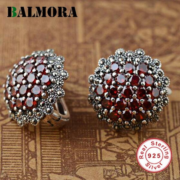 

balmora 100% real 925 sterling silver jewelry red garnet retro elegant stud earrings for women lover party gifts aretes sls30192 j190628, Golden;silver