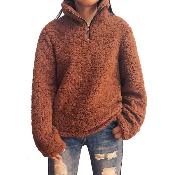 

fashion women fleece sweatshirt plush hoodie zipper casual winter autumn coat feamle v-neck high collar solid color warm top, Black