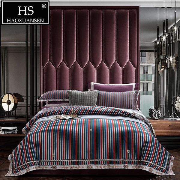 

luxury red blue stripe printed bedding sets 650 thread count 100% cotton duvet cover bed sheet pillowcase  king size