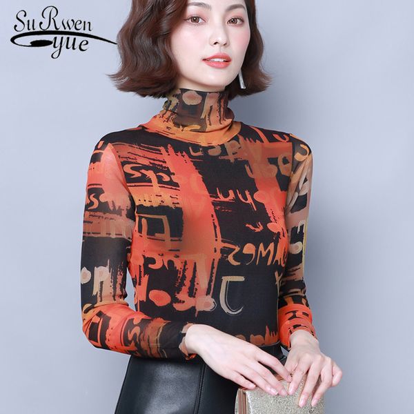 

korean fashion clothing blusas mujer de moda 2019 print long sleeve chiffon shirt women casual turtleneck ladies shirt 7518 50, White