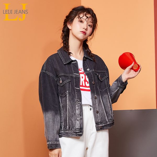 

leijijeans 2019 autumn large size women's loose waist denim jacket casual fashion black in white gradient women denim jackets, Black;brown