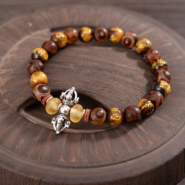 

tibetan dzi eye beads tiger-eye stones mantra vajry amulet bracelets couple protective talisman buddhism jewelry, Black