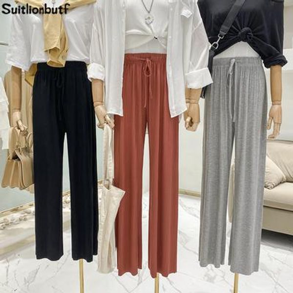 

korean 2020 summer cotton modal wide leg pants high elastic empire mopping pants streetwear pantalon femme loose soft trousers, Black;white