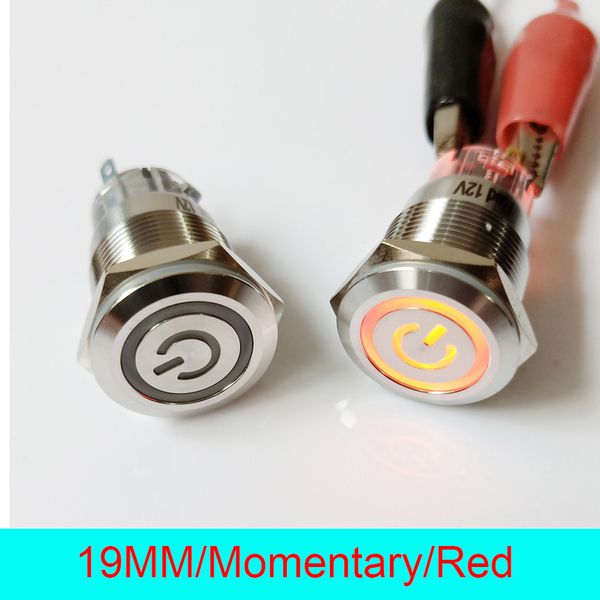 Freeshipping 19 milímetros de aço inoxidável IP67 Waterproof Momentary 12V LED iluminado Motor Power Start metal Push Button Switch (Anel + Power)