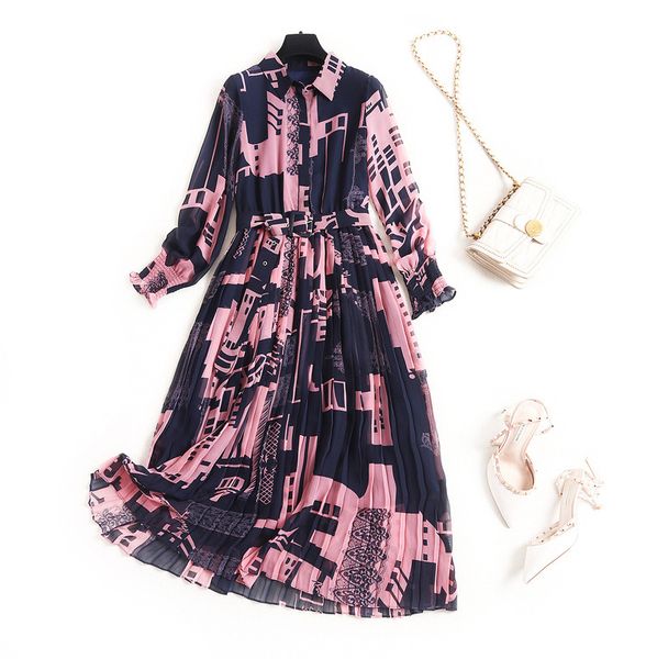 

printed chiffon dress female lapel neck lantern sleeve shirt pleated skirt with a belt women fashion vintage clothes new, Black;gray