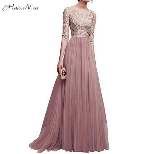 

women elegant lace maxi long dress party wedding 3/4 sleeve o neck chiffon embroidery autumn tule vestidos self portrait dresses, White;black