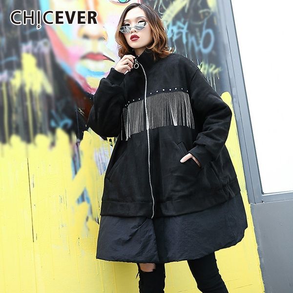

chicever 2018 winter coat female jackets for women's park stand collar long sleeve loose tassel jacket fashion clothing new, Black