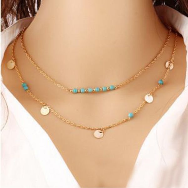 

chokers necklaces jewelry bohemia women blue beads gold plated alloy sequins 2-layer clavicle chain necklace, Golden;silver