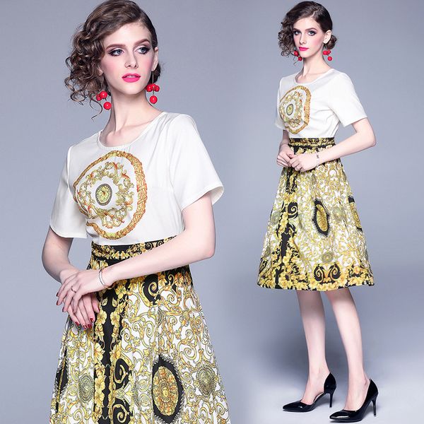 

new runway women's barocco print empire waist big swing dress elegant short sleeve crew neck aristocrat slim party evening dresses, Black;gray