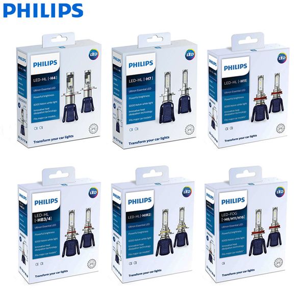 

philips ultinon essential led h4 h7 h8 h11 h16 hb3 hb4 h1r2 9003 9005 9006 9012 12v uex2 6000k auto headlight fog lamps (twin