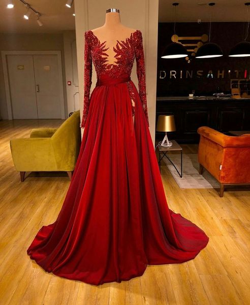 2020 Arabisch Aso Ebi Stilvolle rote Ballkleider Spitze Applizierte Perlen A-Linie Abendkleider Lange Ärmel Vintage Formelle Robe De Soiree