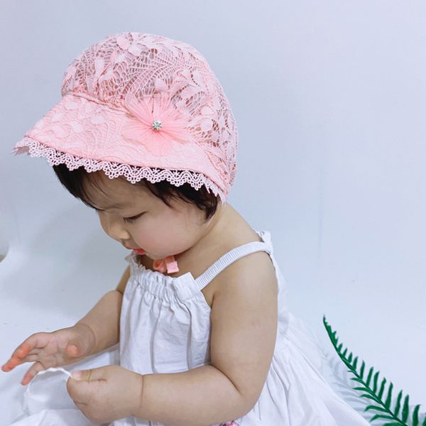 

summer cute princess baby hat with bow solid color lace hollow baby girl cap toddler kids beach bucket hats rhinestones, Yellow