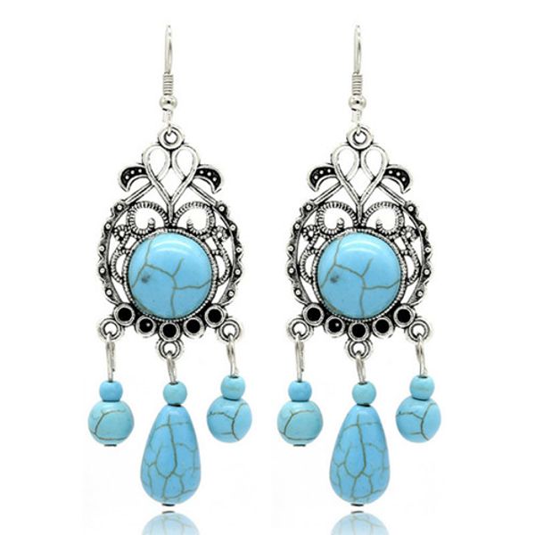

wholesale 10 pairs trendy silver plated many style green turquoise stone drop earrings for women ethnic style jewelry
