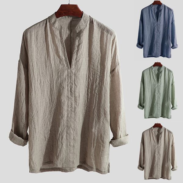 

summer men's baggy cotton linen solid long sleeve v neck shirts fashion casual loose, White;black