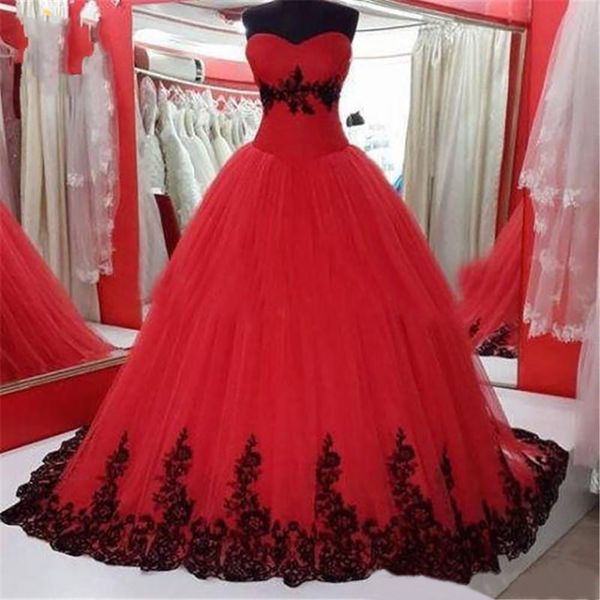 Modern vermelho e preto applique vestidos de casamento vestido bola querida tule aberto volta fotos reais de renda applique casamento vestidos nupculos