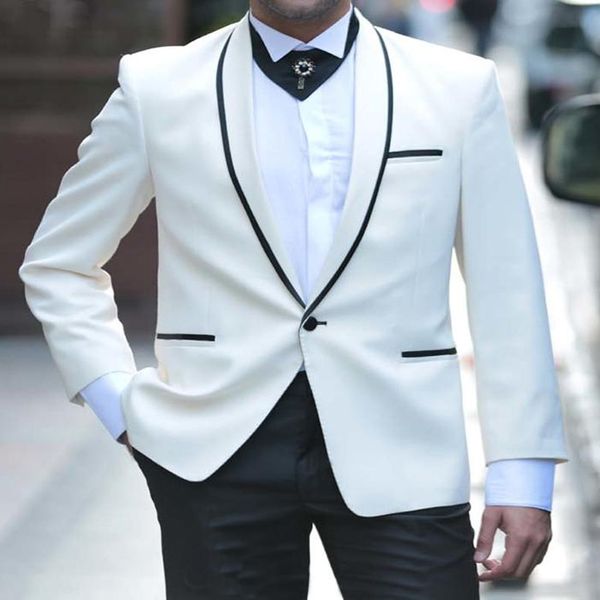 

white prom wedding tuxedos for groom boyfriend 2 piece shawl lapel slim fit men suits set jacket with black pants man fashion, White;black