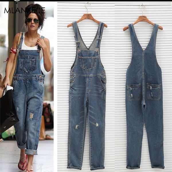 

casual overalls jeans women loose plus size bib pant women hole pocket button streetwear jeans blue classic overalls office lady