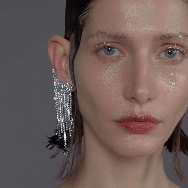 

new shiny rhinestone tassel dangle earrings for women fashion jewelry bohemian lady's clip statement earrings accessories, Silver