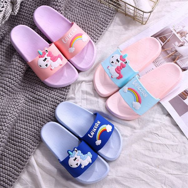 

cartoon unicorn printed kids indoor slippers toddler summer boys girls home flip flops children bedroom shoes beach wear slippers d62306, Black;grey