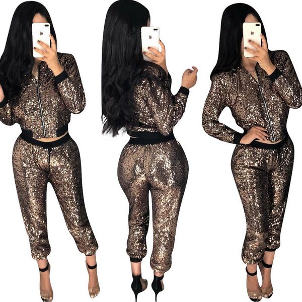 

women sequin tracksuits casual long sleeve crop + pants two-piece outfit cardigan jogger set ladies tracksuit size s-xxl, Gray