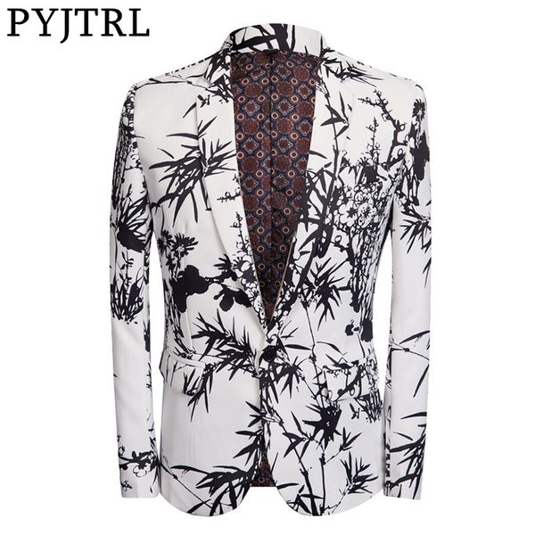 

pyjtrl chinese style men fashion black bamboo print blazer new designs costume homme stylish wedding party slim fit suit jacket, White;black