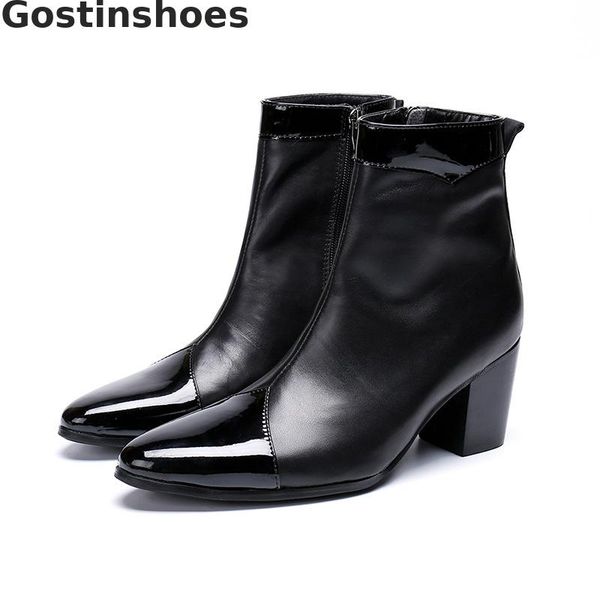

fashion black leather boots pointed metal captoe side zip men work short boots winter autumn men ankle genuine leather