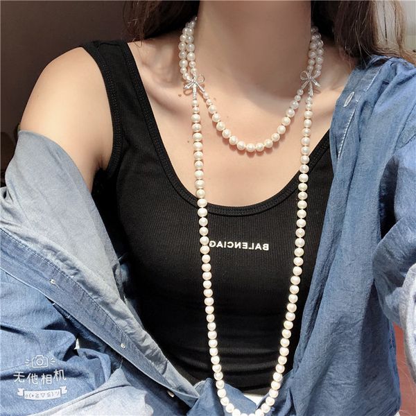 

beautiful 2strands 7-8mm white freshwater pearl micro inlay zircon accessories necklace long 45-100cm, Silver