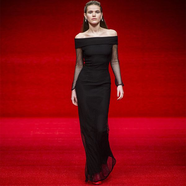 

new celebrity party bandage dress women black long sleeve off the shoulder hollow out nightclub maxi dress women vestidos, Black;gray