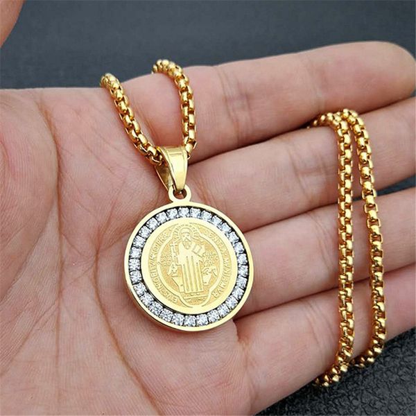 

hip hop iced out san benito holy medal pendant with chain gold color stainless steel jesus necklace religious jewelry, Silver