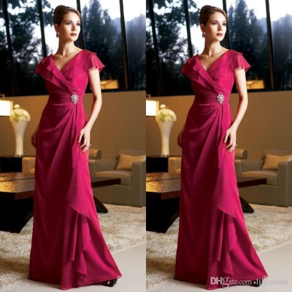 

2019 fuschia mother's dresses long formal fuchsia chiffon mother of the bride gowns v neck cap sleeves crystals wedding guests dress 68, Black;red