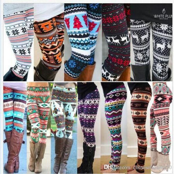 

рождественские снежинки олень печатный шелк эластичные леггинсы женщины красочные полосы плед скандинавские брюки девушки взрослые теплые ко, Blue