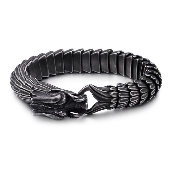 Bracciale vintage da uomo in acciaio al titanio Personalità Drago Maschio Punk Catene fredde Ragazzi Dragonbone Hip Hop Bangle Gun Black