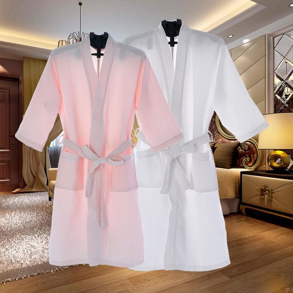 

thin summer kimono cotton robe men women bathrobe waffle robes soft peignoir homme badjas sleep lounge sleepwear, Black;brown