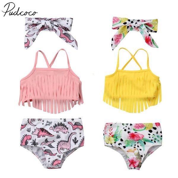

2019 summer swimsuit newborn infant baby girl swimwear suit tassel crops + dinosaur high waist shorts outfit beach tankini