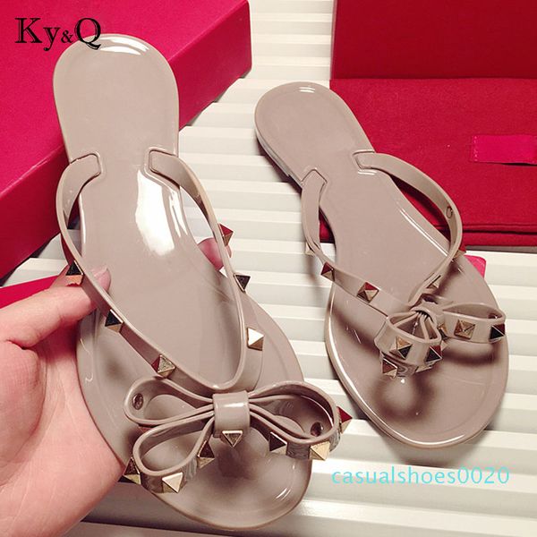 

brands women rivets bow knot flat slippers sandals girls flip flops studded summer shoes cool beach slides jelly shoes 35-41 c20, Black