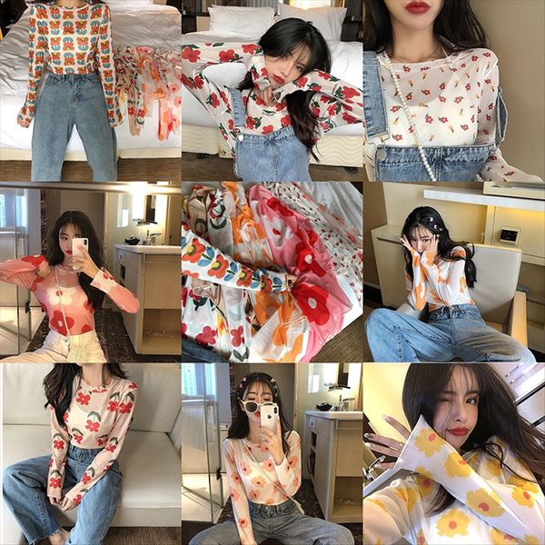 

elegant style flower comfortable long sleeve slim mesh cloth t- mesh cloth fit sunscreen t-shirt base shirt, White