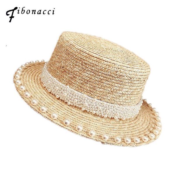 Fibonacci 2019 New Pearl Decoration Sun Hat For Women Flat Top