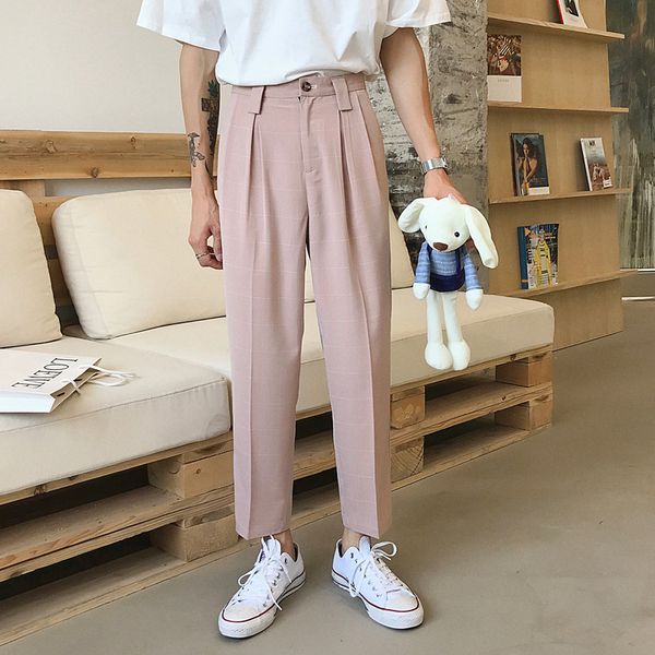 

2019 spring and summer new korean men's loose comfortable fashion cotton office work plaid casual trousers streetwear, Black